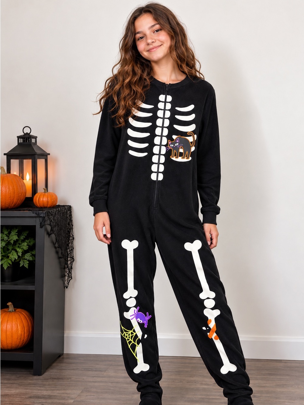 Skeleton Fleece Onesie Halloween Costume/Pyjama | Youth XL 14-16 Black/White